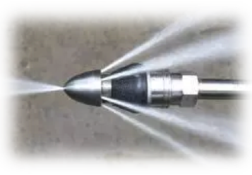 A Water Jet Nozzle Turned On With Water Spraying Out With A Link To One Stop Plumbing’s Water Jetting Page