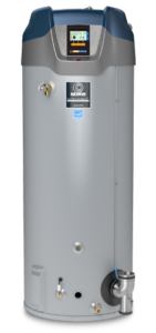 A silver tank gas water heater with labels from State Water Heaters on the One Stop Plumbing water heater page