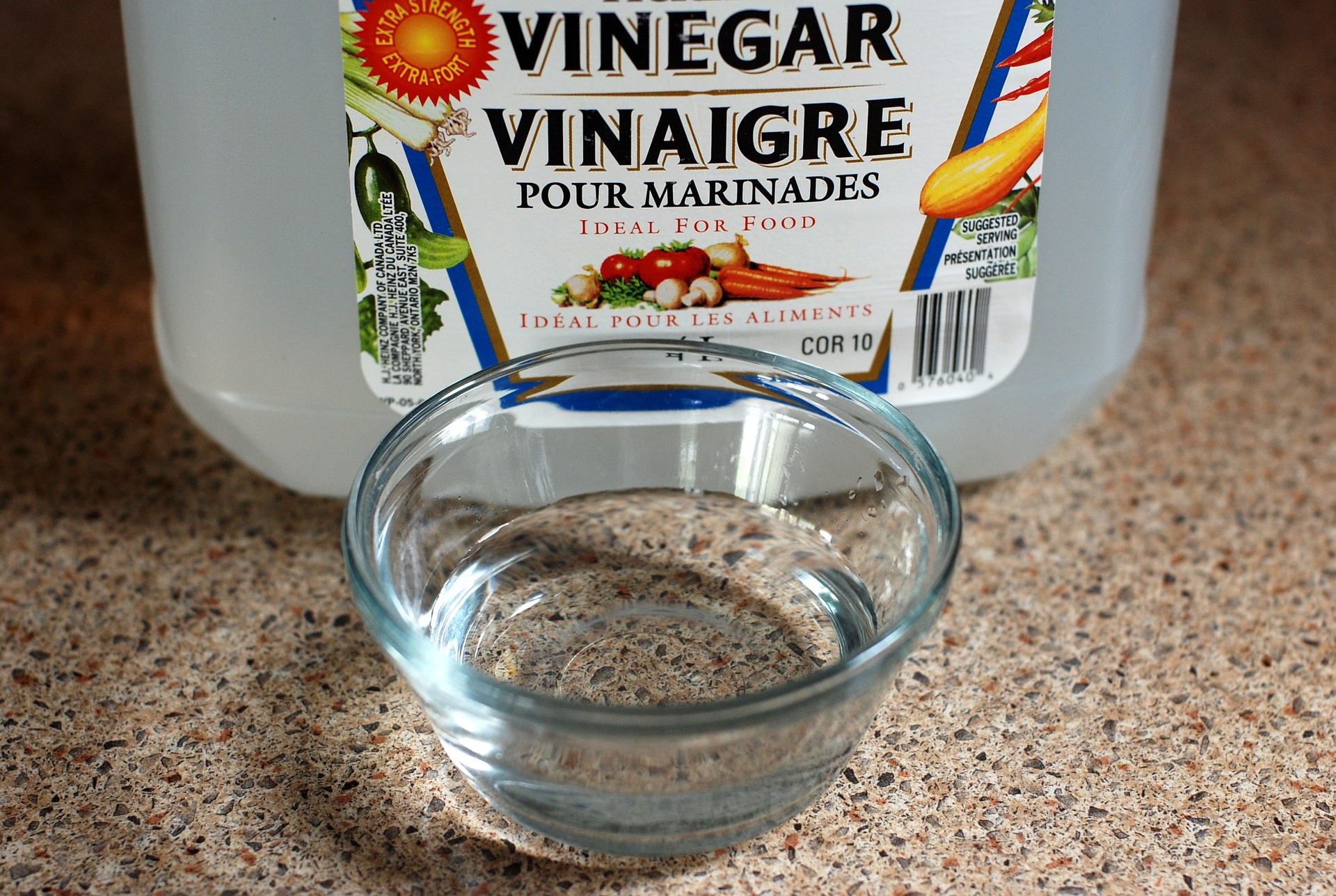 Plastic jug of vinegar and a small glass bowl with vinegar on the One Stop Plumbing Do It Yourself DIY page