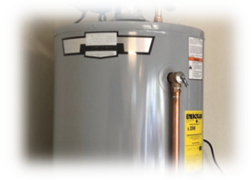 Water Heater With A Copper Pipe And White And Yellow Stickers With A Link To One Stop Plumbing’s Water Heater Page