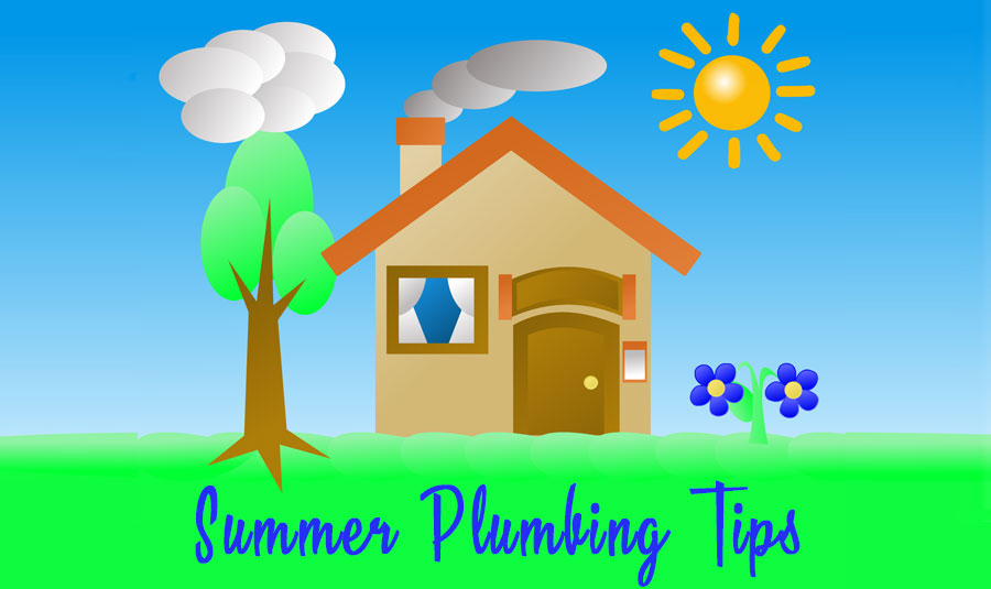 Summer plumbing tips graphic with a colorful illustrated house and big yard