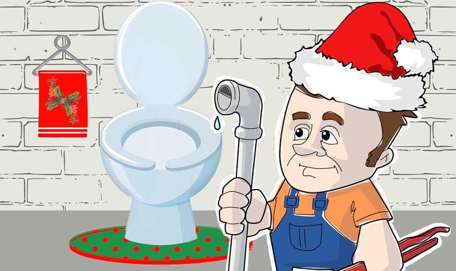 Plumber with a Santa's hat and broken pipe in a holiday decorated bathroom