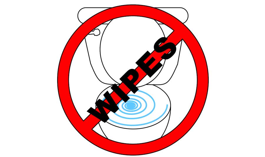 A red circle and slash with the word wipes over top a toilet showing that Flushable Wipes should not be flushed