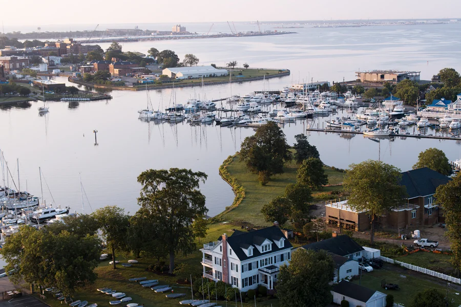Aerial shot of the Hampton Roads, VA Harbor with boats and the bridge-tunnel